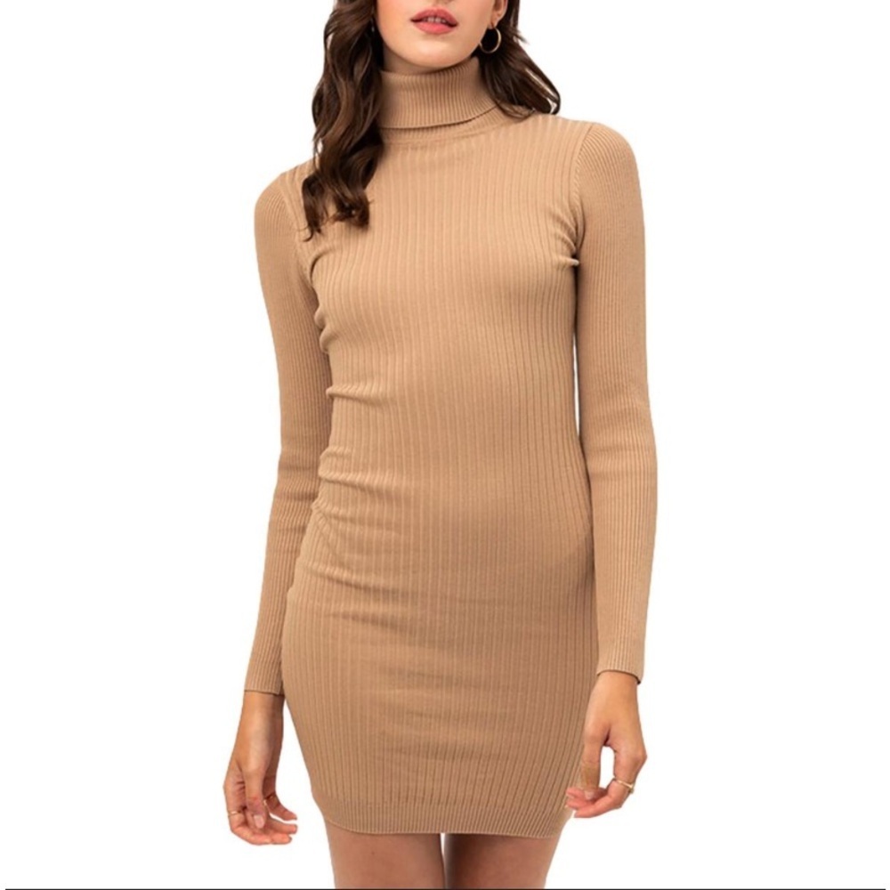 Love Tree Tan Ribbed Long Sleeve Turtle Neck Dress​​
